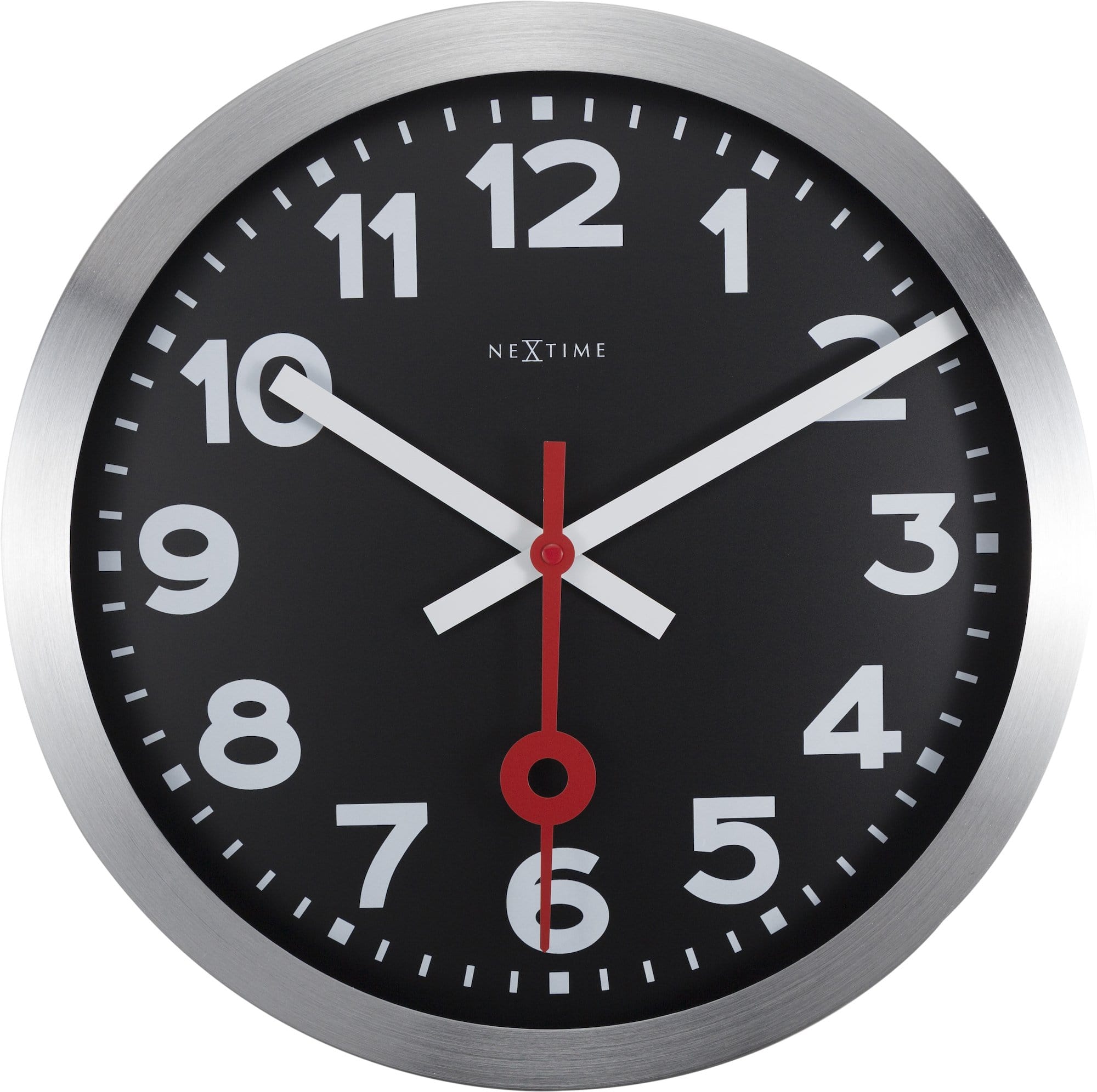 Black aluminum NeXtime Station Numbers wall or table clock with bold numerals and modern design.